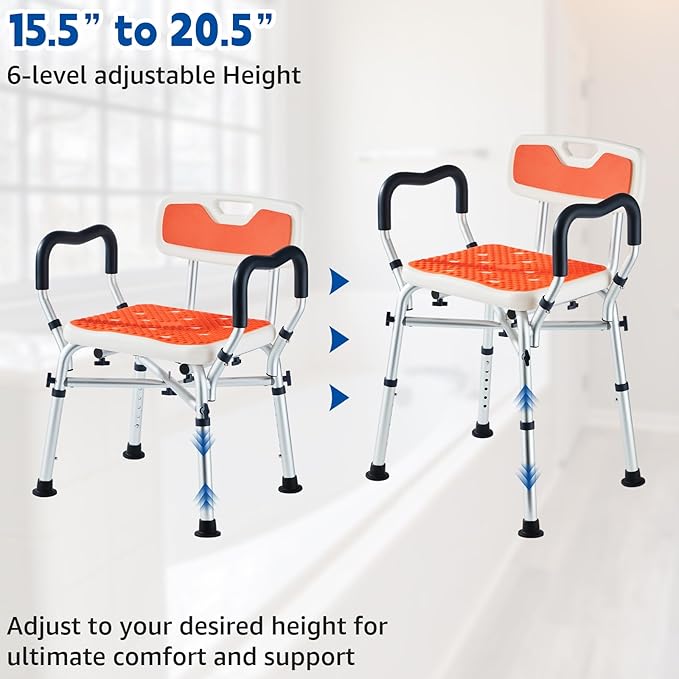 Shower Chair for Inside Shower, Padded Shower Seat Chair with Arms and Back, 6-Level Adjustable Shower Stool Chair for Elderly and Disabled, 550 LB Heavy Duty Handicap Shower Bath Chair