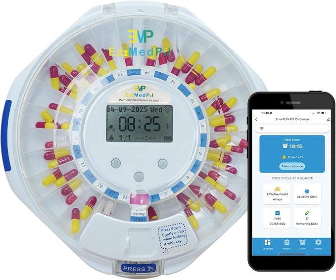 EziMedPil WiFi Automatic Pill Dispenser with Caregiver Alerts for Seniors | Real-time Caregiver App Monitoring & Adherence History Tracking, 28-Day Organizer with Sound-Light Reminders & Up to 9 Doses
