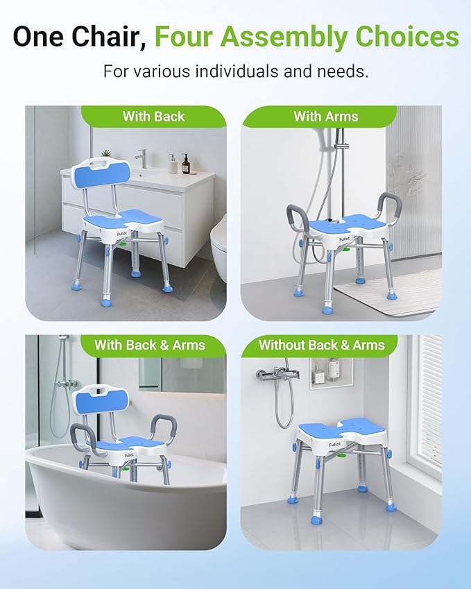 Ergonomic H-Shaped Shower Chair for Elderly and Disabled with Padded Back & Arms,500 lbs Heavy Duty Adjustable Shower Stool Seat for Easy Cleaning, Anti-Slip Bath Chairs for Bathtub
