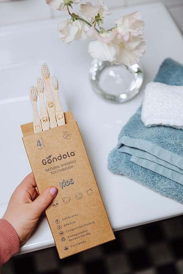 Gondola Kids Bamboo Toothbrush - 4 Pack Soft Bristles Toothbrush with Wooden Handle - Manual Toothbrushes for Boys & Girls - Christmas Stocking Stuffers Idea