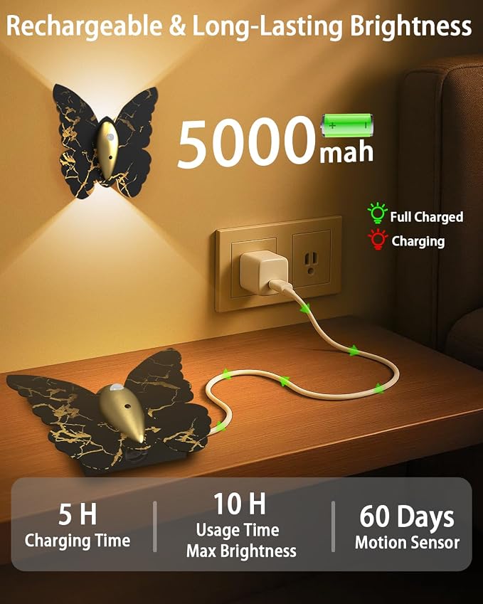 Eneru Motion Sensor Wall Sconce Set of 2, Rechargeable Wall Lights, Indoor | 5000mAh Battery Operated Wall Sconces, Magnetic Butterfly Motion Night Light for Hallway Stair Closet Pantry, Black & Gold