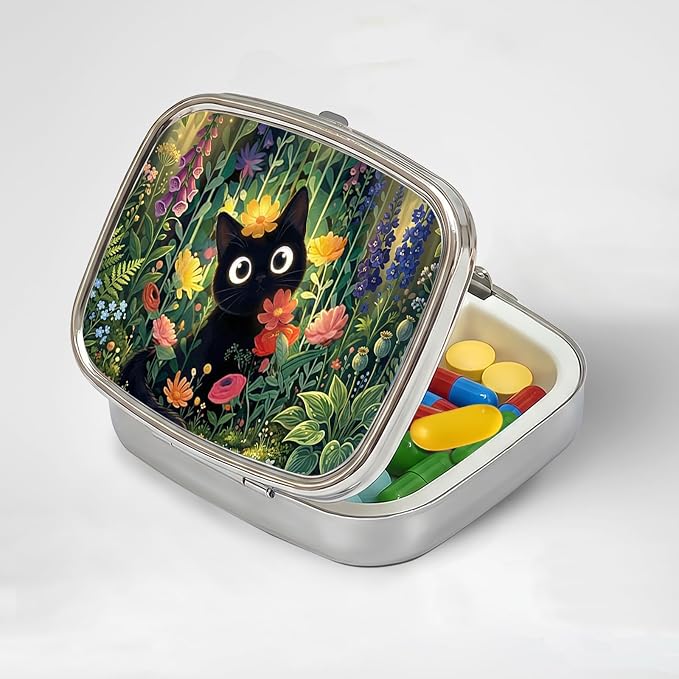 LRITER Pill Case, 2 Compartment Portable Small Travel Pill Organizer for Purse and Pocket, Stylish Medicine Case with Multiple Patterns, Daily Pillbox for Home & Travel (Cat and Flower)