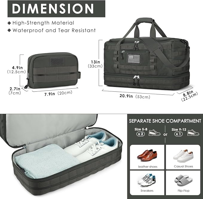 Gym Bag for Men Women, Carry on Luggage 22x14x9 Airline Approved Duffle Bag | Tactical Travel Bags with Toiletry Bag and Shoe Compartment, Weekender Overnight Duffel with Wet Pocket for Workout, Gray