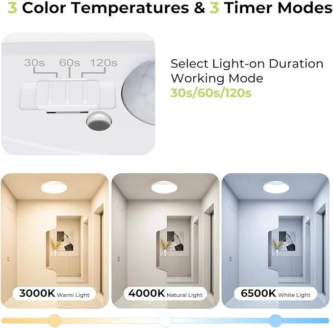 hepside 2 Pack Motion Sensor Ceiling Light Wired, 3000K/4000K/6500K LED Flush Mount Ceiling Light Fixture, 7Inch 15W Motion Sensor Light with Timer for Closet Stair Porch Hallway Pantry,White
