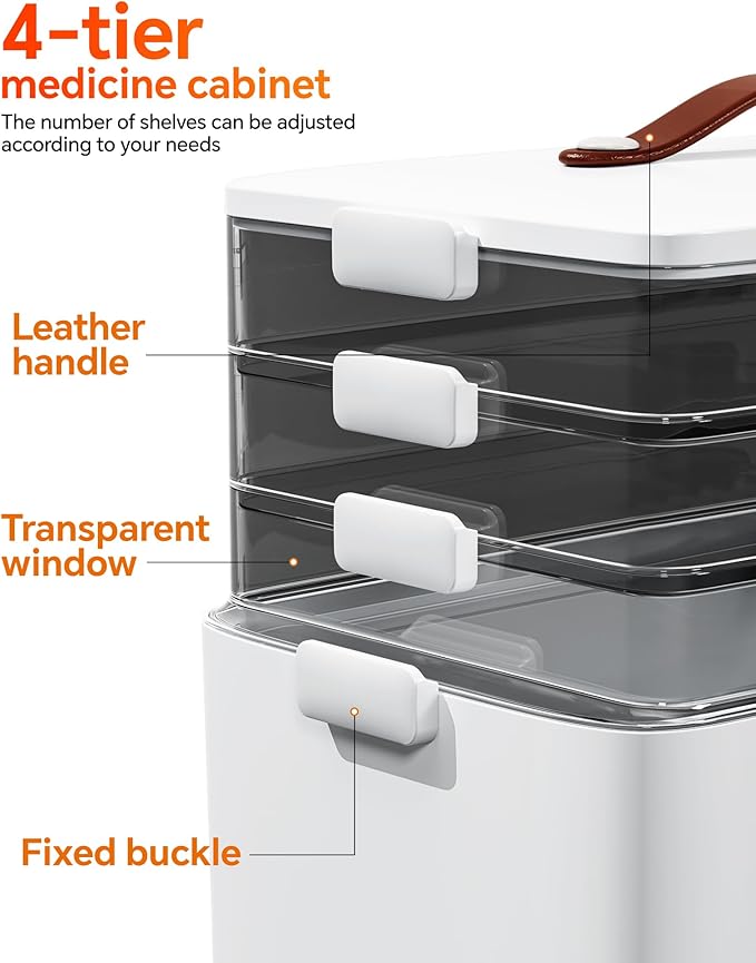4-Tier Medicine Cabinet Organizer with Leather Handle, Empty Plastic First Aid Kit, Multipurpose Storage Box with A Portable Weekly Pill Organizer for Family Emergencies, Home