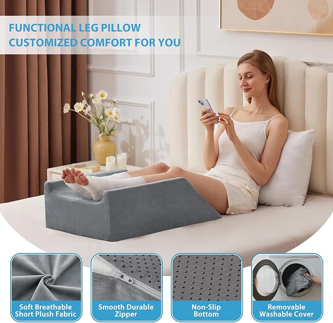 MEGCXIT Double Leg Elevation Pillows for After Surgery, Memory Foam Leg Elevating Pillow, Leg Pillow Elevation Blood Circulation, Knee Pillow Wedge Pillow for Back Knee Hip Ankle Pain Relief, Grey