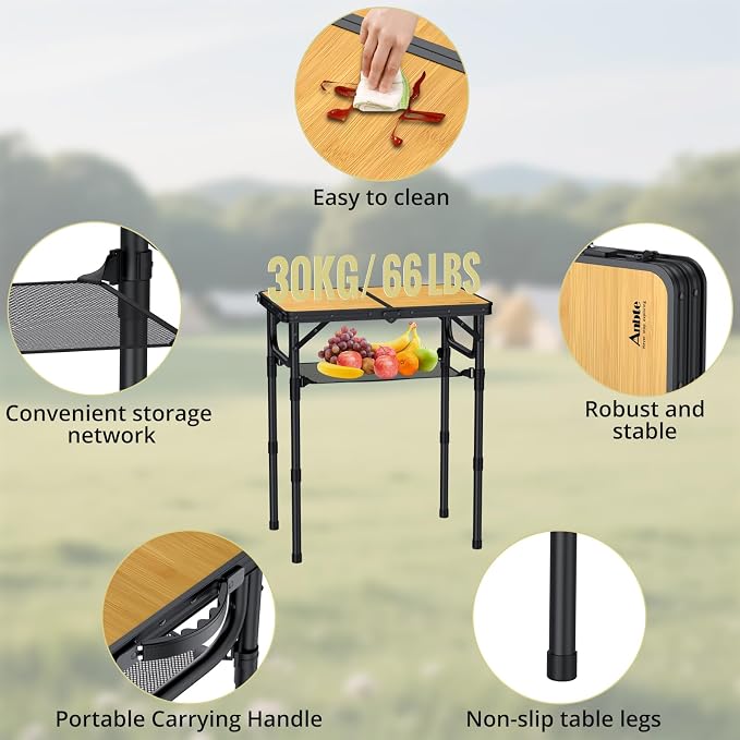 Anbte 2ft Camping Table Foldable with Storage Net, 3 Adjustable Heights Aluminum Small Folding Table Lightweight, Portable Handle for Travel Outdoor Beach Camping Picnic, 23.2" x 16", Light Oak Grain
