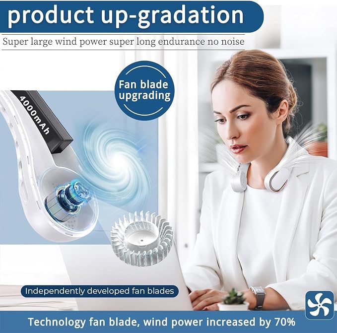 ASNUG Portable Neck Fan, Bladeless Neck Fan, USB Rechargeable Personal Fan, 4000 mAh Battery Operated Fan, 3 Speeds Adjustable,Faster Cooling, Ultra Quiet, Suitable for Home, Office, Sports