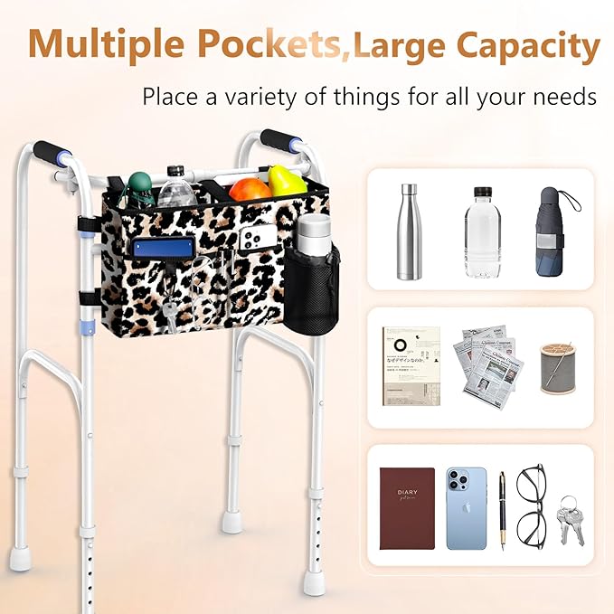 Rhino Valley Walker Bag, Multi Pockets Folding Walker Basket Tote Bag with Cup Holder,Hand-free Carry Pouch Storage Bag for Universal Walkers,Large Capacity Organizer for Seniors Elderly,Brown Leopard