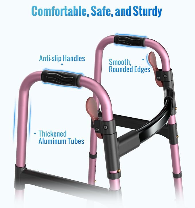 HOMLAND Standard Walkers for Seniors, 6.5lb Lightweight Foldable Walker | One-Hand Folding, 8 Height Adjustments, 350lb Capacity, Easy to Assemble, 2 Skis, 5" Wheels, Aluminum Frame, Rose Red
