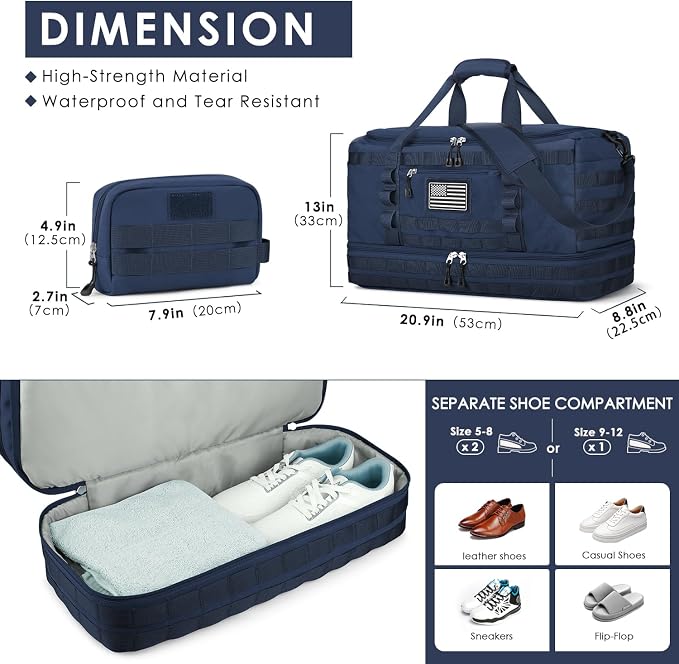 Gym Bag for Men Women, Carry on Luggage 22x14x9 Airline Approved Duffle Bag | Tactical Travel Bags with Toiletry Bag and Shoe Compartment, Weekender Overnight Duffel with Wet Pocket for Workout, Blue