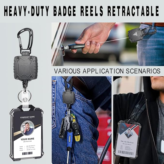 Badge Holder Retractable Clip Heavy Duty Carabiner Badge Reel Keychain with Lanyard ID Cards Holder Cool Tactical ID Holder