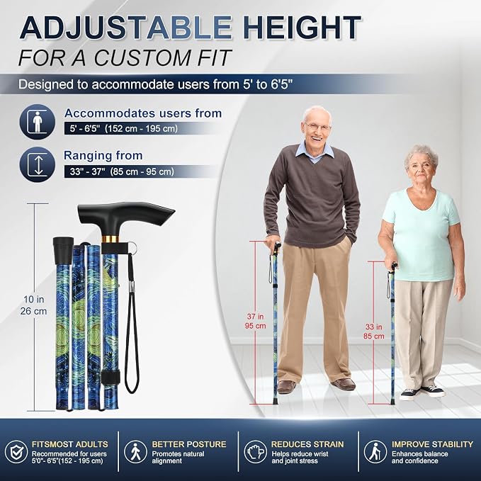 supregear Folding Cane, 5-Level Adjustable Height Walking Stick Lightweight Collapsible Portable Travel Cane with Wrist Strap and T Handle for Elderly Disabled Men Women