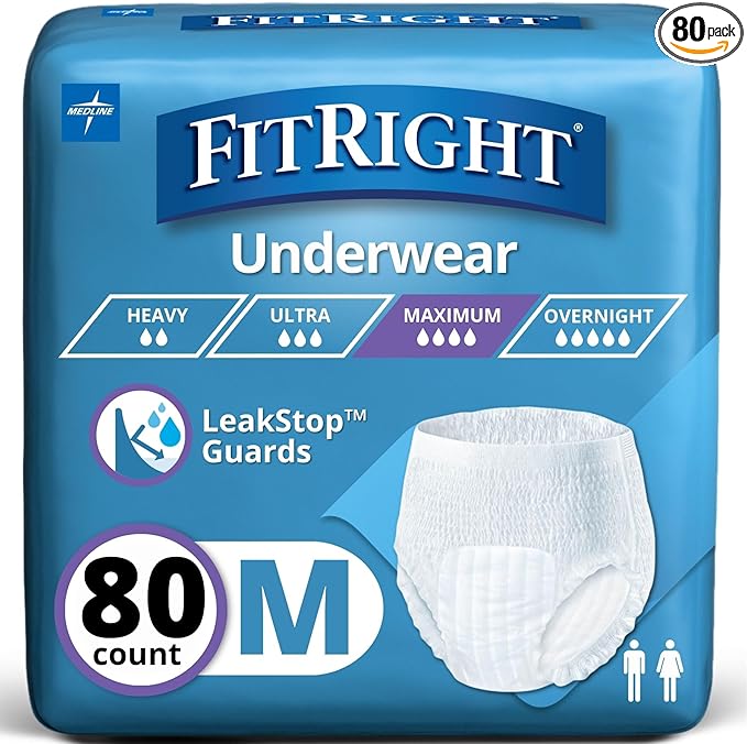 FitRight Super Adult Incontinence Underwear, Maximum Absorbency, Medium, 28-40, 4 Packs of 20 (80 Total)