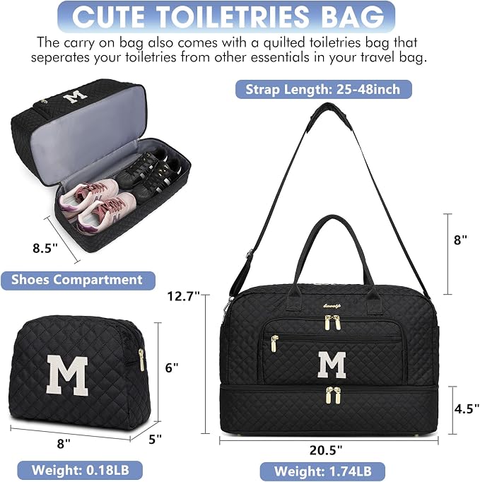 Initial Travel Duffle Bag for Women - Black Personalized Weekender bags Overnight Bag with Shoe Compartment & Wet Pocket Weekend Tote Bags with Toiletry Bag Monogram Christmas Gift (Letter M)