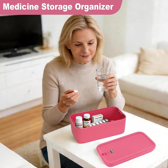Medicine Lock Box with Code, Lockable Storage Box for Phone Medicine Safe Pill Fridge, Storage Bin for Home Office Gift, Includes Mesh Zipper Pouch, Pink