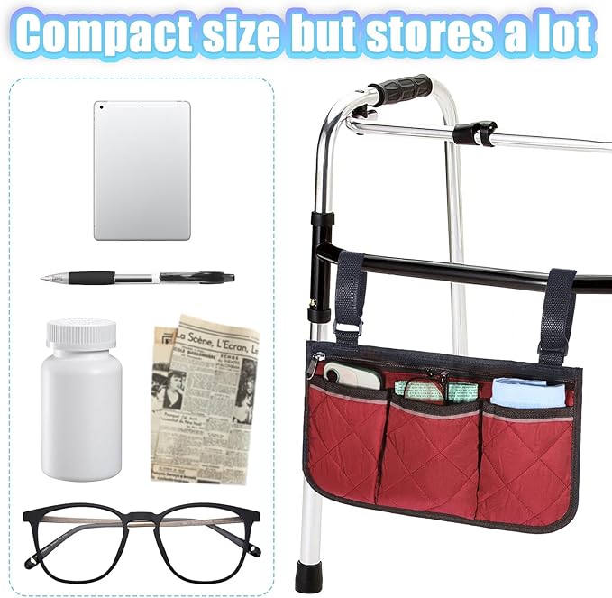 YBEATY Walker Bag Walker Storage Bag with Reflective Strips Folding Basket Wheel Chair Accessories Bags Lightweight Hand Free Storage Carrier Tote for Seniors Rollator Accessories (Wine Red)