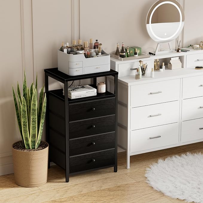 BOLUO Tall Night Stand with Drawers, Black Nightstand with Charging Station and LED Light, Small White 4 Drawer Dresser for Bedroom, Room Storage Closet