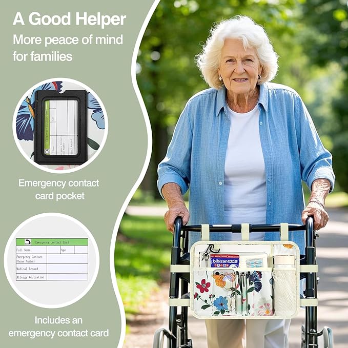 MoKo Walker Bag, Walker Basket with Water Cup Holder, Accessories for Seniors with Multiple Pockets and Zippered Compartment, Storage Pouch for Rolling Folding Walkerm, Beige & Butterfly
