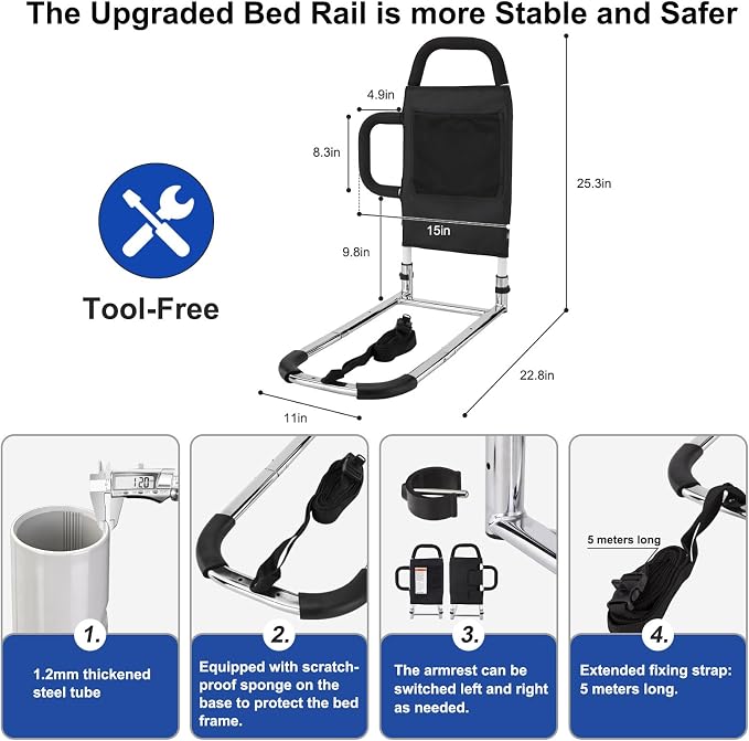 2026 Upgraded ASTM Approved Bed Assist Rail Adjustable 400 LBS Senior Bed Cane Anti-Slip Handle & Storage Pocket