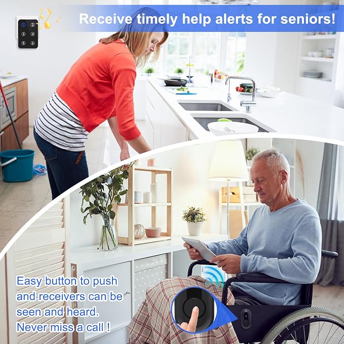Caregiver Pager Wireless Call Button Emergency Life Alert Systems 500Ft Range with LED Number Display for Elderly/Patient/Disabled at Home/Hospital/Clinic(6 Waterproof Panic Button & 3 Receiver)