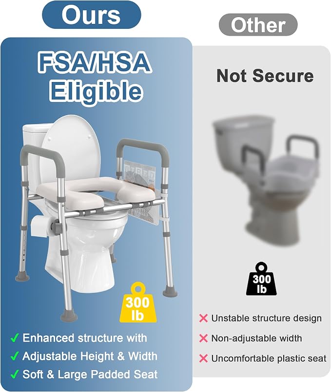 HOMLAND Toilet Seat Riser for Seniors with Adjustable Height & Width, 300lb | Padded Seat, Durable Aluminum Frame, Slip-Resistant Feet, Handicap Elevated Raised Toilet Seat for Elderly, Fit Most Toilet