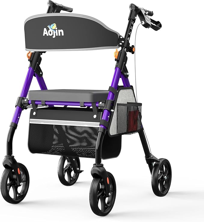 Lightweight Foldable Rollator Walkers with Seat for Seniors, 350 lb Capacity, 8'' Wheels, 17.7" Big Seat, 6-Position Adjustable Height, Ultralight Aluminum Frame Rolling Walker (Purple)