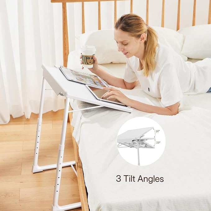HUANUO Adjustable TV Tray Table - TV Dinner Tray on Bed & Sofa, Comfortable Folding Table with 6 Height & 3 Tilt Angle Adjustments (White)