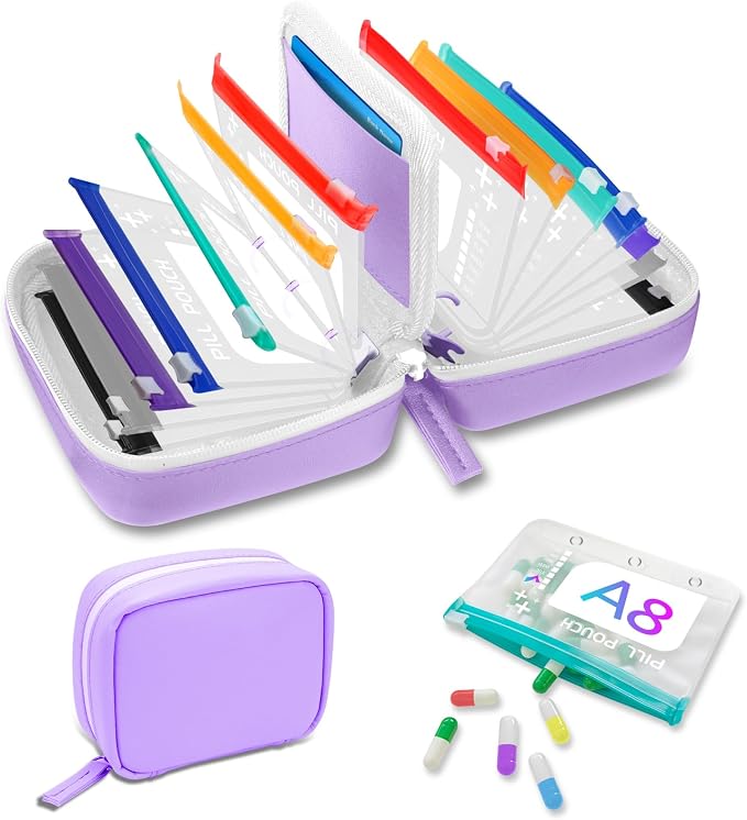 A8 Waterproof Pill Organizer Set, Twice-Daily Large Pill Organizer for Seven Days, Pill Storage with 14 Color-Coded Pouches, Reusable Travel Medicine Organizer