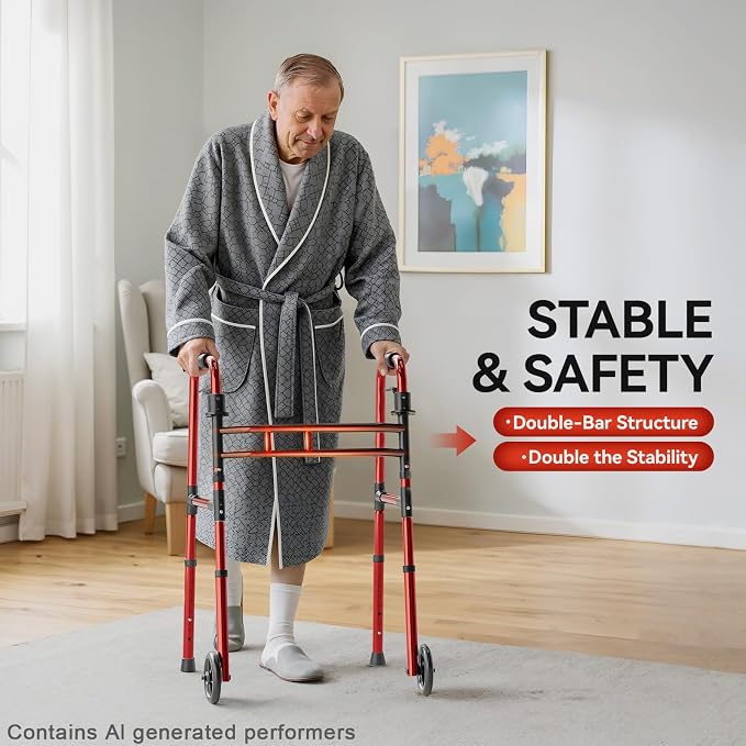 Loyoda Folding Walkers for Seniors Adjustable Aluminum Front Wheel Walker | 5" Wheels, Trigger Release Folding, Height & Width Adjustable, Lightweight Standard Walker, 350 lbs Capacity, Red