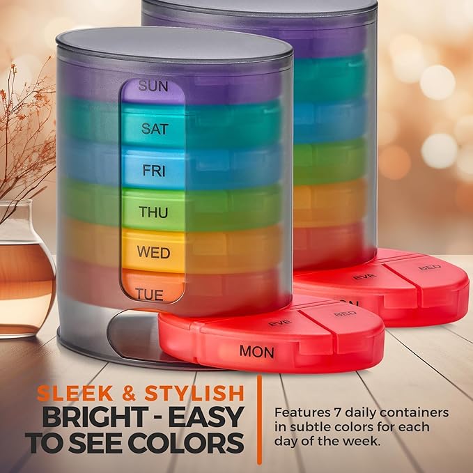 MEDca Weekly Pill Organizer, 1 Dispenser, 7 Stackable Multi-Color Compartments Four Times-a-Day - Morning, Noon, Evening, and Bedtime, Black, 2-Pack