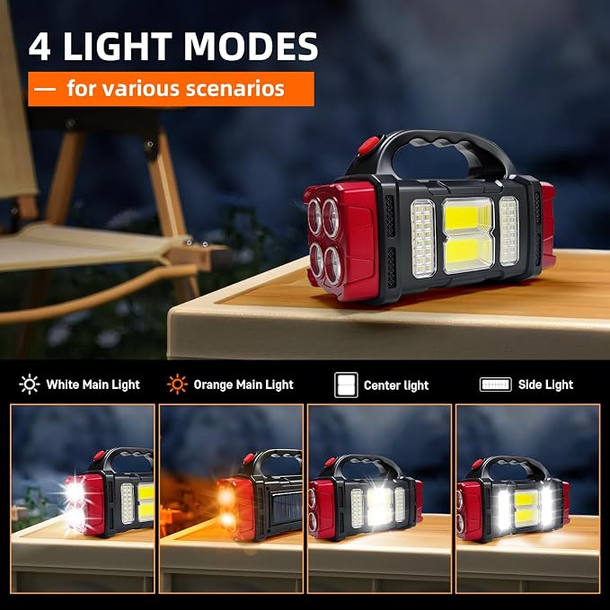 Solar Handheld Flashlight, 4 Lighting Modes Rechargeable LED Work Light, USB-C & Solar Powered Portable Lantern,Emergency Camping Light for Outdoor, Hiking, Power Outage (Red-2pcs)
