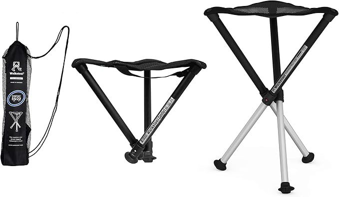 Walkstool - Comfort Model - Black and Silver - 3 Legged Folding Stool in Aluminium - Height 18" to 30" - Maximum Load 440 to 550 Lbs - Made in Sweden