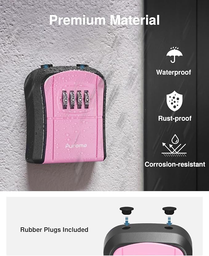 Puroma Key Lock Box Outdoor 4 Digit Code Combination Lockbox House, 1 Pink | For Contractors Guest Realtor Storage Keys, Portable, Home Wall Mount, Resettable, Combination, Weatherproof, High-capacity