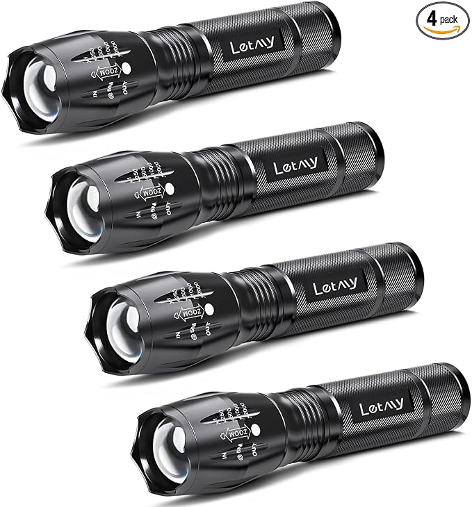 LETMY LED Tactical Flashlight S2000 [4 Pack] - High Lumens, Zoomable, 5 Modes, Waterproof Handheld LED Flashlight - Best Camping, Outdoor, Emergency, Everyday Flashlights
