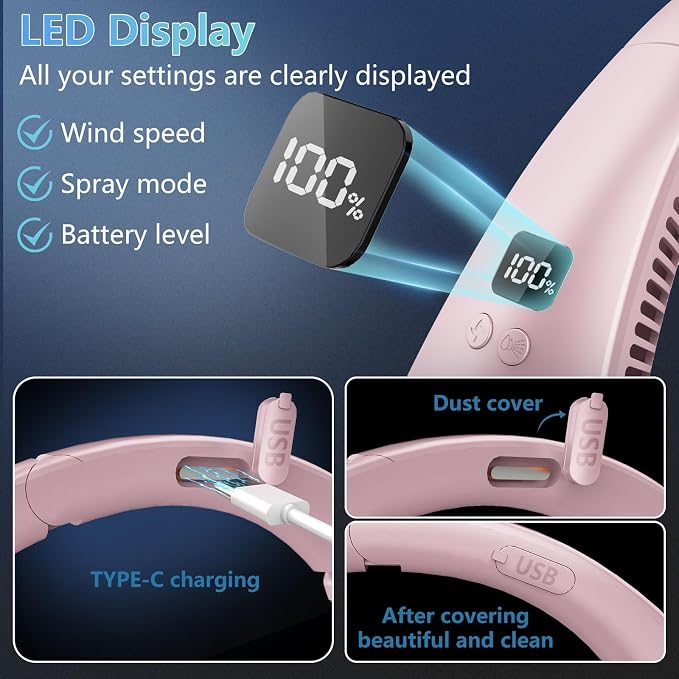 Personal Misting Fan,Mister Fans,Folding Hanging Neck Fan,Cordless Bladeless Battery Cooling Neck Cooler Device,Birthday Gifts for Home,Office,Outside,Travel,Sports Light Purple