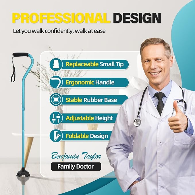 BeneCane Walking Cane Adjustable Cane with Offset Soft Cushioned Handle for Men & Women Lightweight Comfortable Extra Stability Base Mobility Aid for Men Women and Seniors