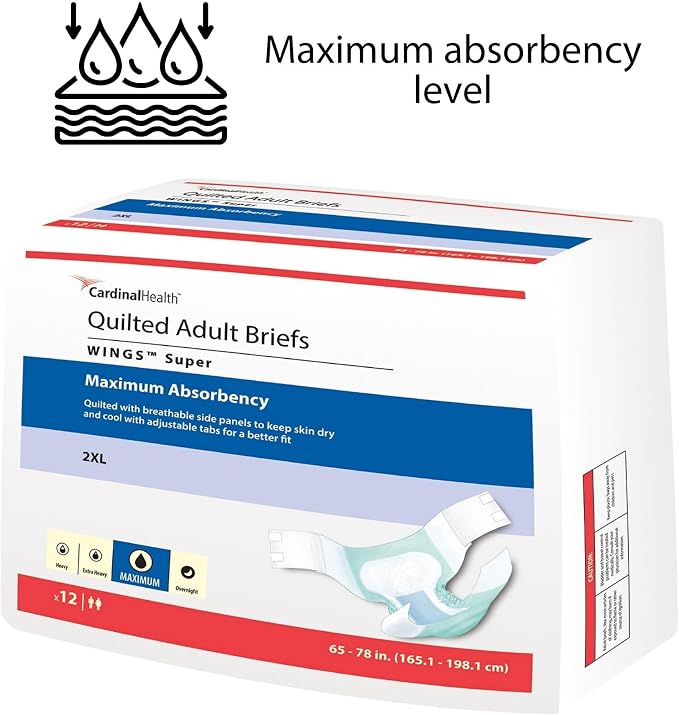 Cardinal Health™ Quilted Adult Briefs, Wings™ Super with BreatheEasy™ Technology, Maximum Absorbency, XX-Large, Bag of 12 | Disposable Incontinence Briefs, Refastenable Tabs, Heavy Absorbency, 2XL