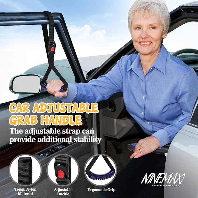 NINEMAX Car Door Assist Handle for Elderly & Handicap (1 pc with Strap) | Stable Support for Easy Vehicle Entry, Fits Most Cars, 3-in-1 Design, Lightweight & Portable, Non-Slip Grip, Tool-Free Setup