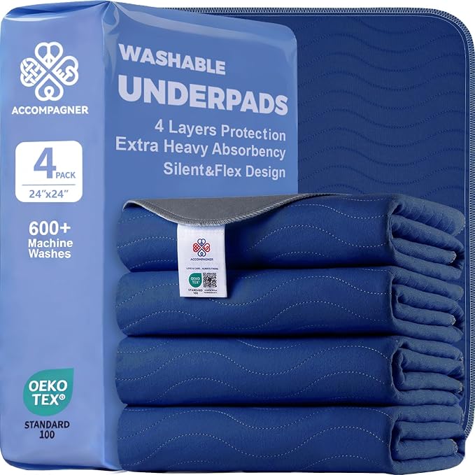 Accompagner Incontinence Bed Pads Washable Waterproof, Ultra-Absorbent Reusable Underpads for Diaper Changing, Nursing, Bedridden, Adults, Seniors, Kids and Dogs (Navy, 24"x24"(Pack of 4))