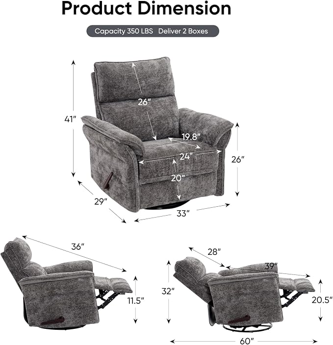 Oversized Glider Rocker Recliner, 24" Extra Wide 360° Swivel Nursery Recliner with Adjustable Headrest, Chenille Rocking Nursery Chair with Overstuffed Armrest, Lumbar Support, Dark Grey