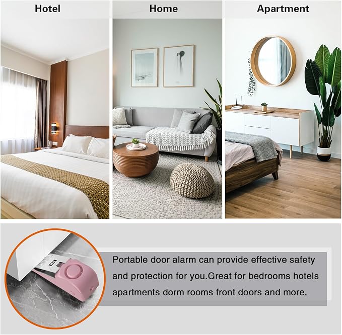 HNHMT 2 Pack Portable Door Stop Alarm, Door Stopper with 120db Loud Security Alarm, Travel Door, Doorstops Wedge Sensors Security Devices for Traveling Apartment Hotel and Home (Pink)