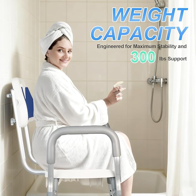 Shower Chair for Inside Shower, U-Shaped Heavy Duty Shower Chair for Elderly and Disabled, Bottom Storage Tray, 350Lbs Shower Stool with Arms and Back, Height Adjustable Seat for Bathtub