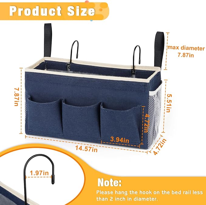 Lilithye Bedside Caddy, Bedside Storage Bag Hanging Organizer for Bunk Bed | Bed Caddy with Fixed Straps and Water Bottle Holder for Home, College Dorm, Bunk Bed, Hospital Bed and Crib Bed Rails