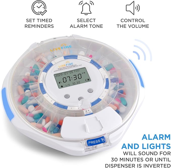 LiveFine Automatic Pill Dispenser with 28-Day Electronic Medication Organizer, 6 Dosage Rings, LCD Display with Sound & Light Alerts, Key & Magnifying Glass for Prescriptions, Vitamins & Supplements