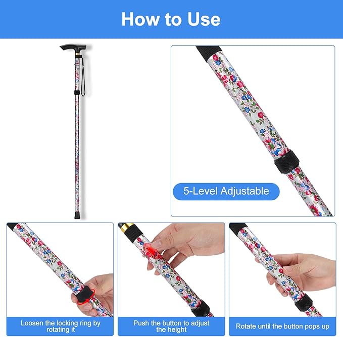 supregear Folding Cane, 5-Level Adjustable Height Walking Stick Lightweight Collapsible Portable Travel Cane with Wrist Strap and T Handle for Elderly Disabled Men Women