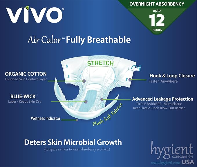VIVO Organic Cotton Overnight Sensitive Skin Adult Incontinence Diaper Briefs with Tabs, Medium 44 Count