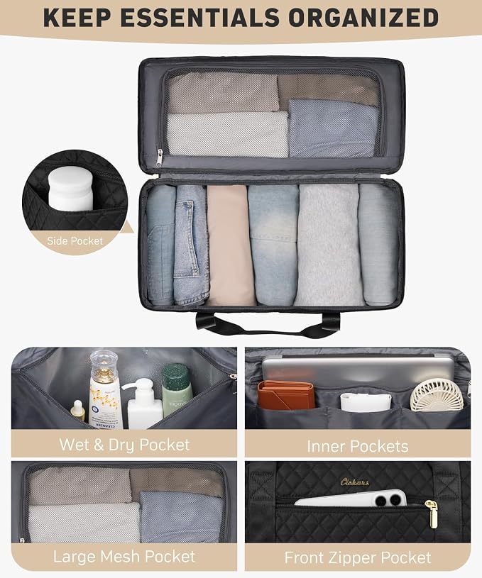 Travel Weekender Bags for Women: Overnight Bag with Shoe Compartment Large Travel Duffle Bag with Toiletry Bag Carry on Bag Personal Item Bag with Wet Pocket Hospital Bag for Women Black