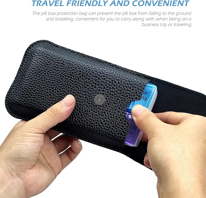 VOFOON Travel Pill Organizer 2 Times a Day, PU Leather Portable Pill Case for Women/Men, 7 Day AM PM Pill Box with Travel Pouch Medicine Organizer for Vitamins Medicine Fish Oils Supplements (Small)