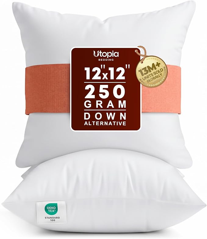 Utopia Bedding 12x12 Pillow Inserts, White Throw Pillows for Couch, 2 Pack | Indoor cushion inserts for bed, sofa & couch, Supportive & fluffy decorative pillows for everyday comfort, Set of 2, White